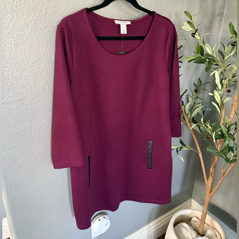 White House Black Market Plum Tunic with Black Leather Pocket Detail